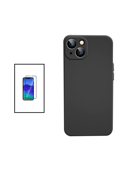 Kit Película de Vidro Temperado 5D Full Cover + Capa Silicone Líquido para Apple iPhone 14 Max - Preto