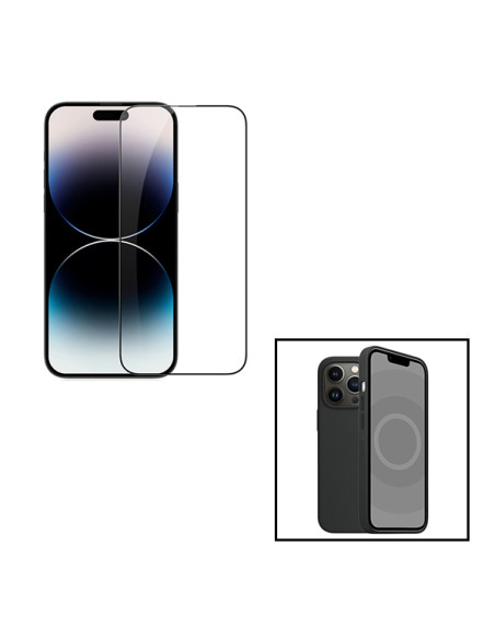 Kit Película de Vidro Temperado 5D Full Cover + Capa Silicone Líquido para Apple iPhone 15 Pro Max - Preto