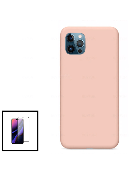 Kit Película de Vidro Temperado 5D Full Cover + Capa Silicone Líquido para iPhone 11 Pro Max - Rosa