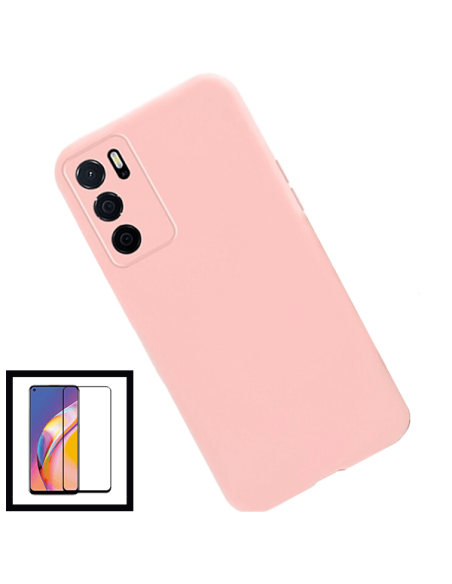 Kit Película de Vidro Temperado 5D Full Cover + Capa Silicone Líquido para Oppo A54s - Rosa