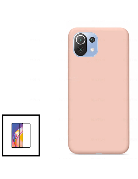 Kit Película de Vidro Temperado 5D Full Cover + Capa Silicone Líquido para Xiaomi Mi 11 Lite 5G - Rosa