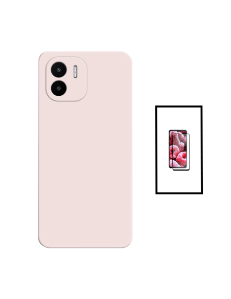 Kit Película de Vidro Temperado 5D Full Cover + Capa Silicone Líquido para Xiaomi Redmi A2+ Plus - Rosa