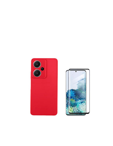 Kit Película de Vidro Temperado 5D Full Cover + Capa Silicone Líquido Phonecare para Xiaomi Redmi Note 13 Pro + Plus - Vermelha