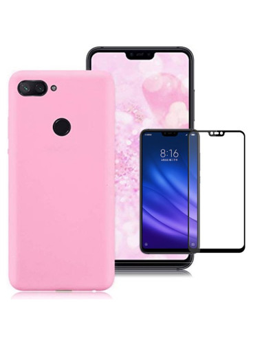 Kit Película de Vidro Temperado 5D Full Cover + Capa Silicone Líquido Rosa para Xiaomi Mi 8 Lite