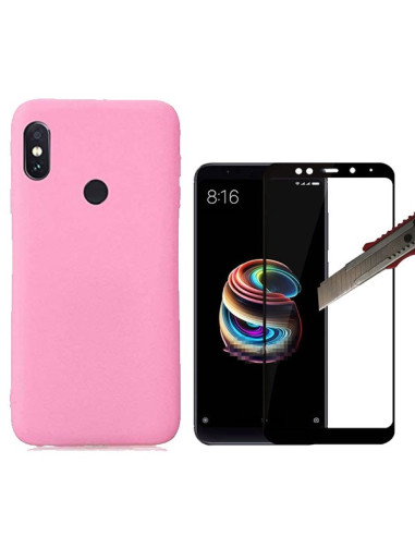 Kit Película de Vidro Temperado 5D Full Cover + Capa Silicone Líquido Rosa para Xiaomi Mi A2