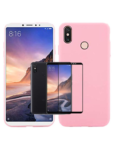 Kit Película de Vidro Temperado 5D Full Cover + Capa Silicone Líquido Rosa para Xiaomi Mi Max 3