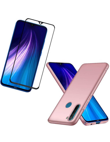 Kit Película de Vidro Temperado 5D Full Cover + Capa Silicone Líquido Rosa para Xiaomi Redmi Note 8 2021