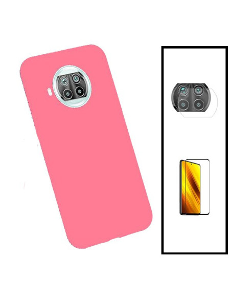 Kit Película de Vidro Temperado 5D Full Cover + Película de Câmara Traseira + Capa Silicone Líquido para Xiaomi Poco X3 - Rosa