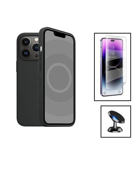 Kit Película Hydrogel Full Cover Frente + Capa Silicone Líquido + Suporte Magnético de Carro para Apple iPhone 15 - Preto