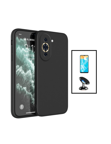 Kit Película Hydrogel Full Cover Frente + Capa Silicone Líquido + Suporte Magnético de Carro para Huawei Nova 10 - Preto