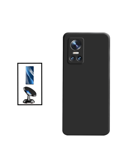 Kit Película Hydrogel Full Cover Frente + Capa Silicone Líquido + Suporte Magnético de Carro para Realme GT Neo 3 - Preto