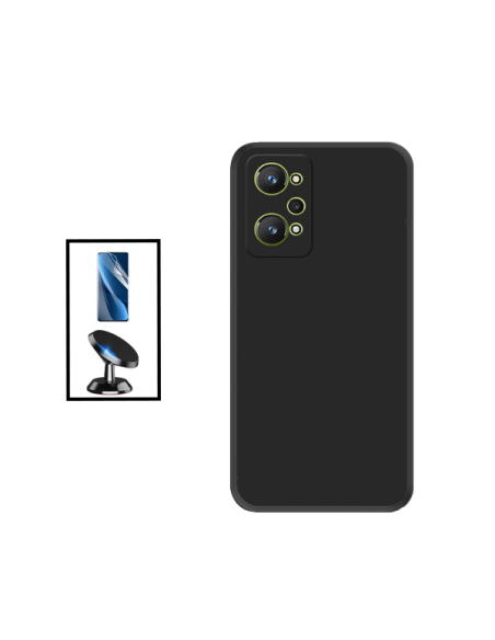 Kit Película Hydrogel Full Cover Frente + Capa Silicone Líquido + Suporte Magnético de Carro para Realme GT Neo 3T - Preto