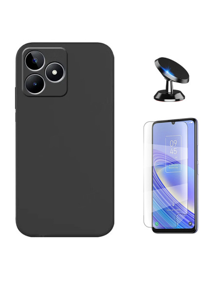 Kit Película Hydrogel Full Cover Frente + Capa Silicone Líquido + Suporte Magnético de Carro Phonecare para Realme C51 - Preto