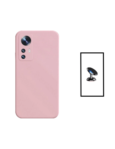 Kit Suporte Magnético de Carro + Capa Silicone Líquido para Xiaomi 12T - Rosa