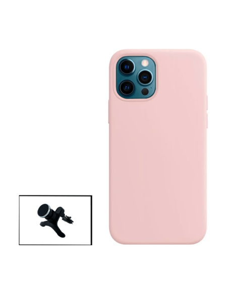 Kit Suporte Magnético Reforçado de Carro + Capa Silicone Líquido para Apple iPhone 14 Pro - Rosa