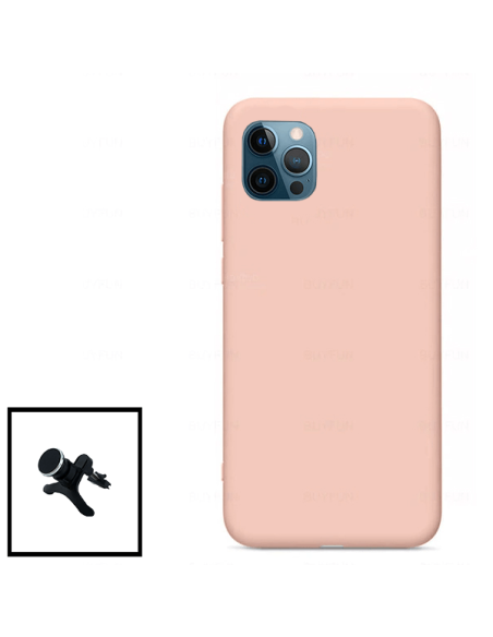 Kit Suporte Magnético Reforçado de Carro + Capa Silicone Líquido para iPhone 12 - Rosa