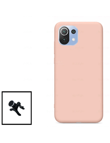 Kit Suporte Magnético Reforçado de Carro + Capa Silicone Líquido para Xiaomi Mi 11 Lite 5G - Rosa