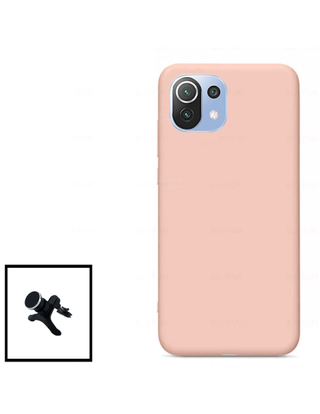 Kit Suporte Magnético Reforçado de Carro + Capa Silicone Líquido para Xiaomi Mi 11 Lite 5G - Rosa