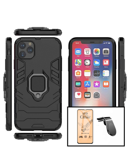 Kit Vidro Temperado CeramicGlass Full Cover + Capa 3X1 Military Defender + Suporte Magnético L Safe Driving Carro para iPhone 13