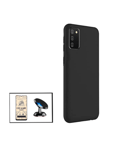 Kit Vidro Temperado CeramicGlass Full Cover + Capa Silicone Líquido + Suporte Magnético de Carro para Samsung Galaxy F02s