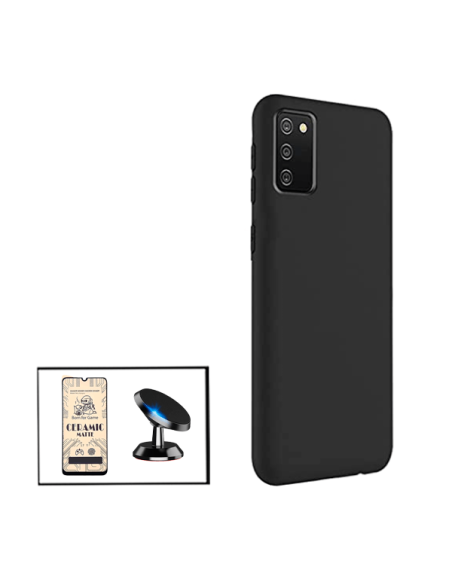 Kit Vidro Temperado CeramicGlass Full Cover + Capa Silicone Líquido + Suporte Magnético de Carro para Samsung Galaxy F02s