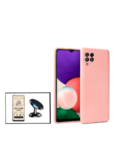 Kit Vidro Temperado CeramicGlass Full Cover + Capa Silicone Líquido + Suporte Magnético de Carro para Samsung Galaxy F22 - Rosa