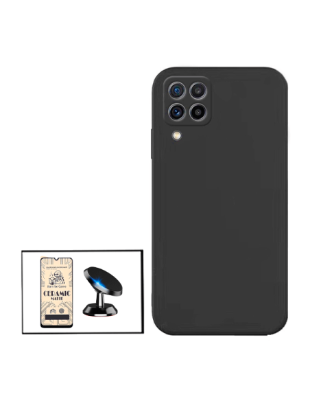 Kit Vidro Temperado CeramicGlass Full Cover + Capa Silicone Líquido + Suporte Magnético de Carro para Samsung Galaxy M22