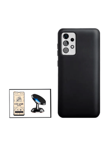 Kit Vidro Temperado CeramicGlass Full Cover + Capa Silicone Líquido + Suporte Magnético de Carro para Samsung Galaxy M32 5G