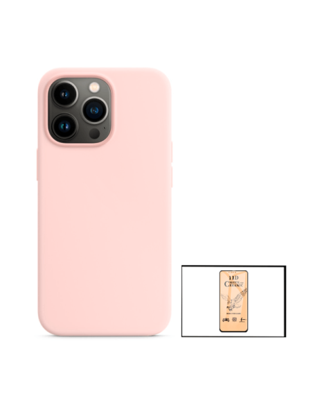 Kit Vidro Temperado CeramicGlass Full Cover + Capa Silicone Líquido para iPhone 13 - Rosa