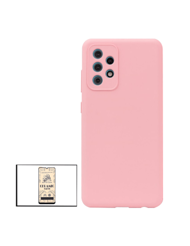 Kit Vidro Temperado CeramicGlass Full Cover + Capa Silicone Líquido para Samsung Galaxy A52 - Rosa