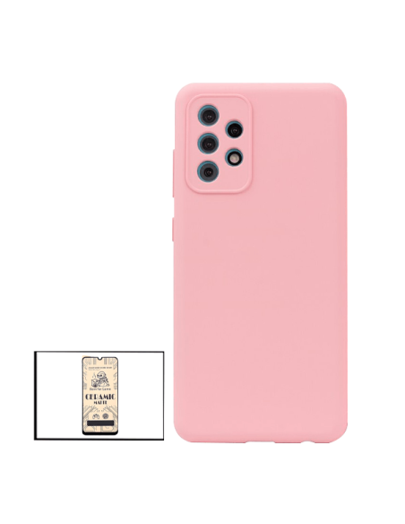 Kit Vidro Temperado CeramicGlass Full Cover + Capa Silicone Líquido para Samsung Galaxy A52s 5G - Rosa