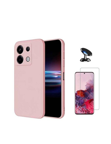 Kit Vidro Temperado ClearGlass + Capa Silicone Líquido + Suporte Magnético de Carro Phonecare para Xiaomi Poco X6 5G - Rosa