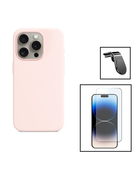 Kit Vidro Temperado ClearGlass + Capa Silicone Líquido + Suporte Magnético L Safe Driving Carro para Apple iPhone 15 - Rosa