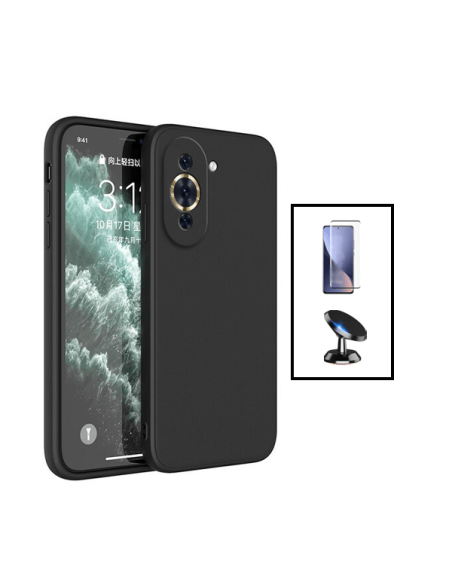 Kit Película de Vidro Temperado Curved + Capa Silicone Líquido + Suporte Magnético de Carro para Huawei Nova 10 - Preto