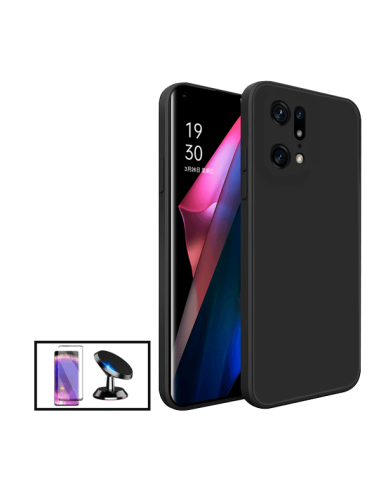 Kit Película de Vidro Temperado Curved + Capa Silicone Líquido + Suporte Magnético de Carro para Oppo Find X5 - Preto