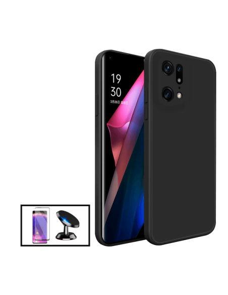 Kit Película de Vidro Temperado Curved + Capa Silicone Líquido + Suporte Magnético de Carro para Oppo Find X5 Pro 5G - Preto