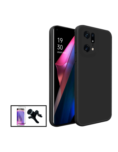 Kit Película de Vidro Temperado Curved + Capa Silicone Líquido + Suporte Magnético de Carro Reforçado para Oppo Find X5 - Preto