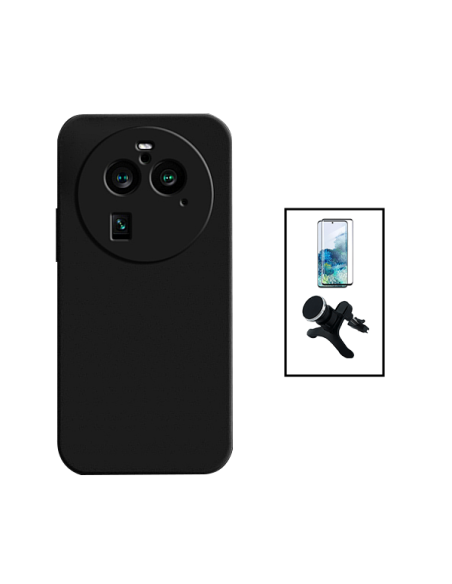 Kit Película de Vidro Temperado Curved + Capa Silicone Líquido + Suporte Magnético de Carro Reforçado para Oppo Find X6 - Preto