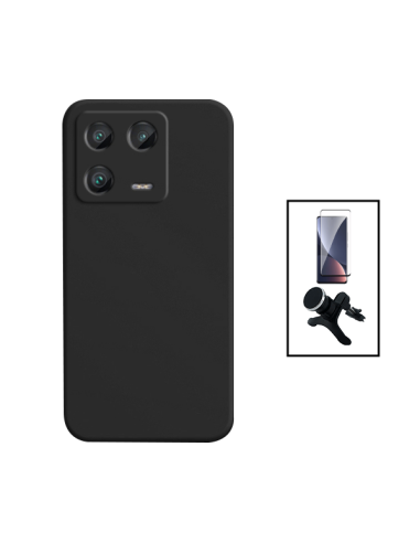 Kit Película de Vidro Temperado Curved + Capa Silicone Líquido + Suporte Magnético de Carro Reforçado para Xiaomi 13 Pro - Preto