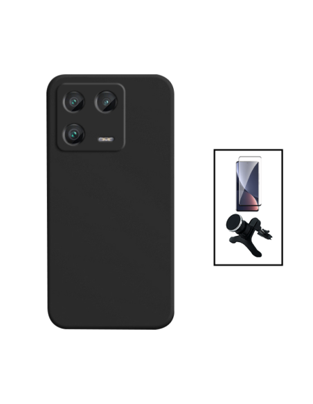 Kit Película de Vidro Temperado Curved + Capa Silicone Líquido + Suporte Magnético de Carro Reforçado para Xiaomi 13 Pro - Preto